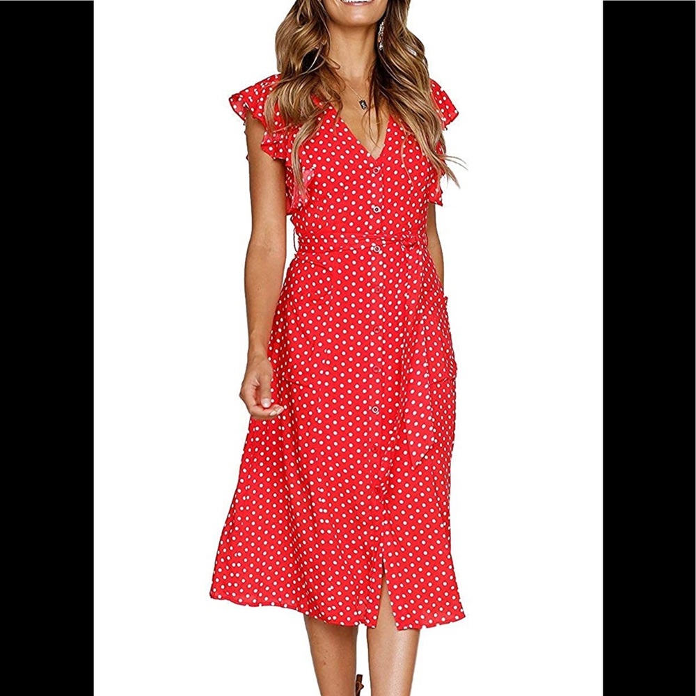 Red Polka Dot Midi Dress Small Flutter Sleeve Tie Waist Pockets V-Neck